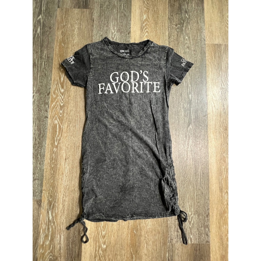 On Fire T-Shirt Dress Womens L Grey God's Favorite Acid Wash Ruched Side Graphic
